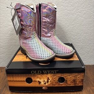 NEW Old West Toddler Girls 6.5 D Square Toe Pink Multi Faux Leather Cowboy Boots